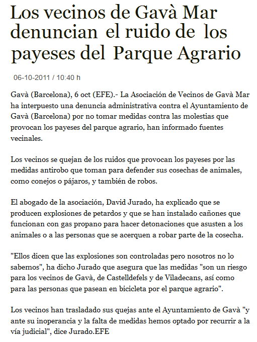 Notcia publicada per l'agncia de notcies EFE sobre la denncia interposada per l'AVV de Gav Mar contra l'Ajuntament de Gav per les explosions que realitzen els pagesos a prop de Gav Mar (6 Octubre 2011)